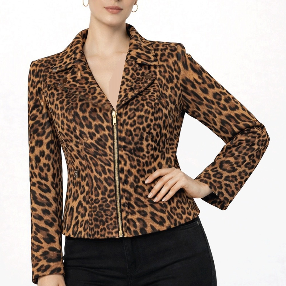 Harve Benard Jacket Medium Petite Leopard Print Lightweight Brown Animal Pattern